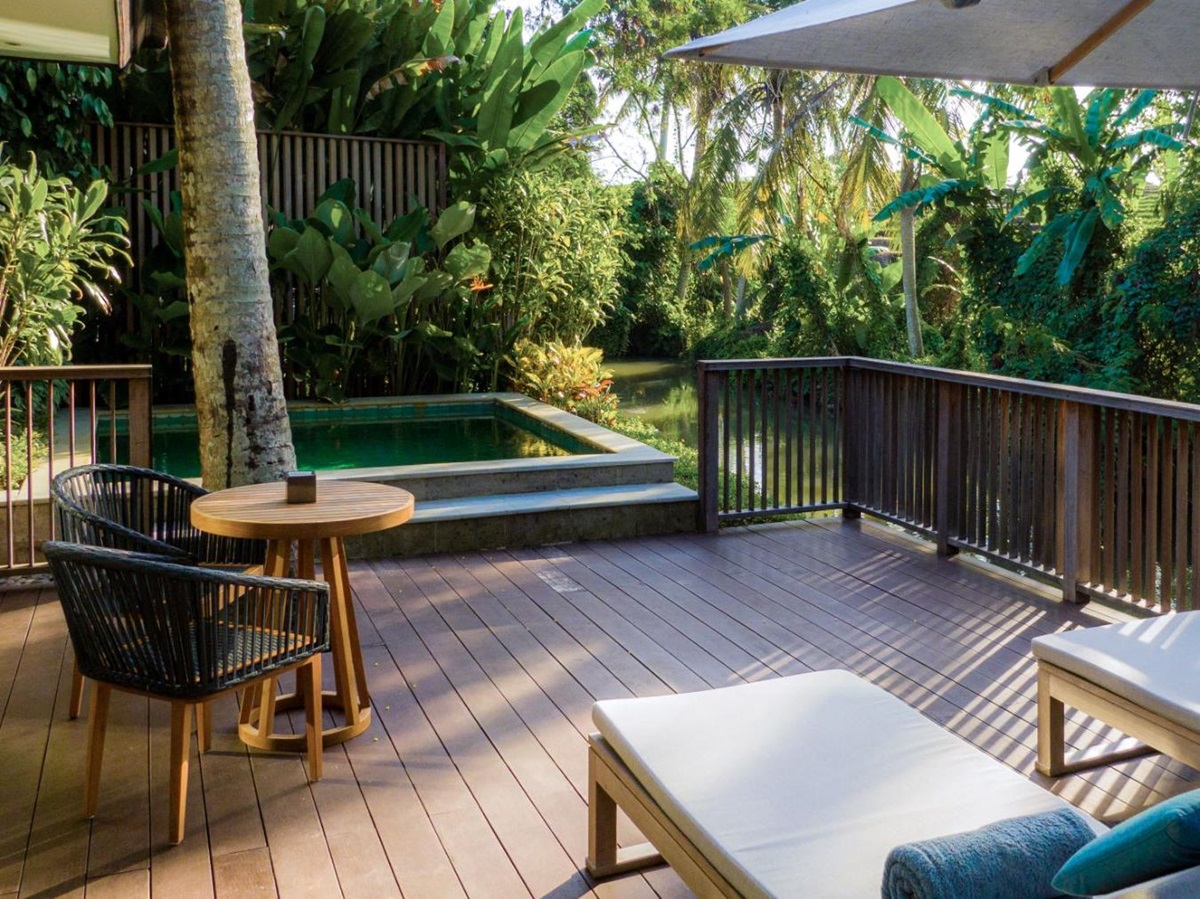 Pool pavilion at at Nirjhara luxury resort in Bali