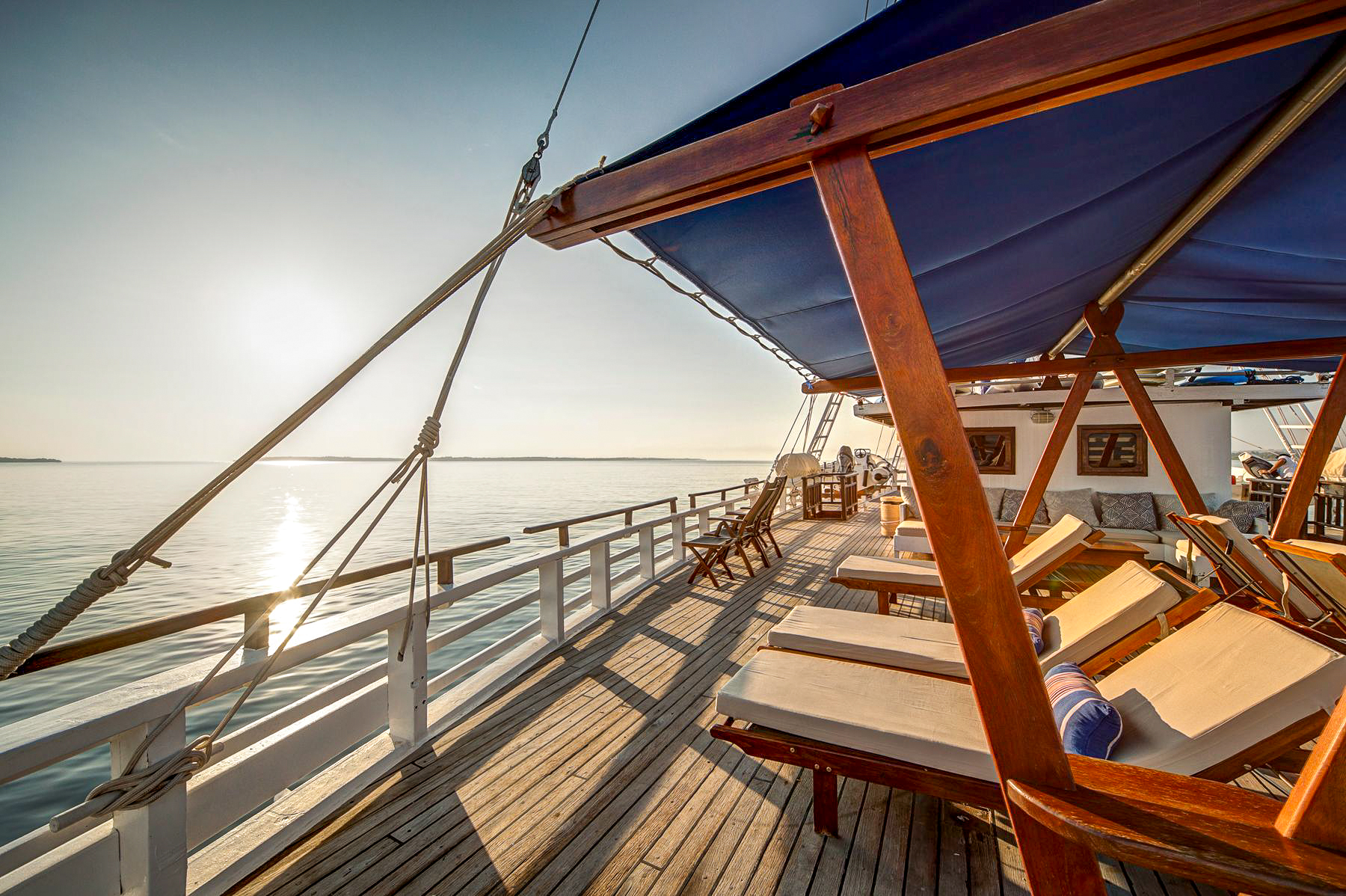 Sun loungers on the deck of Ombak Putih in Indonesia