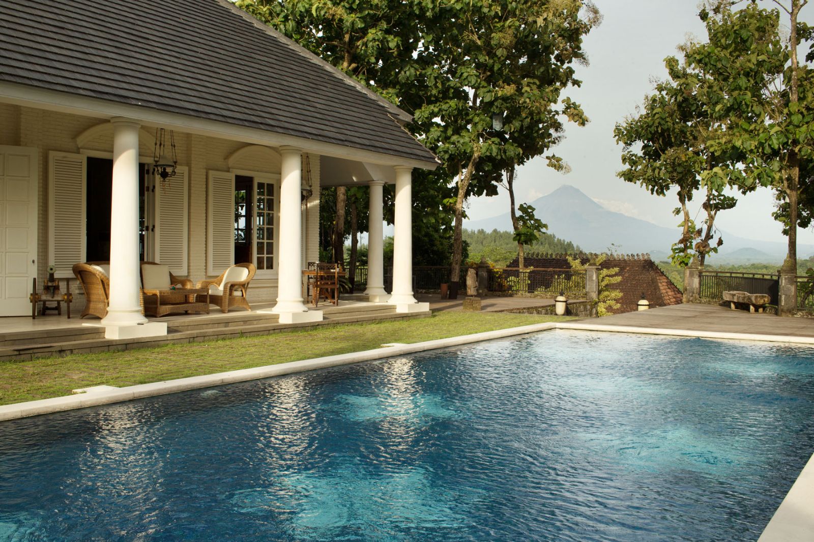 Swimming pool outside Patio Colonial Hal restaurant at Plataran Borobudur Resort & Spa in Java, Indonesia