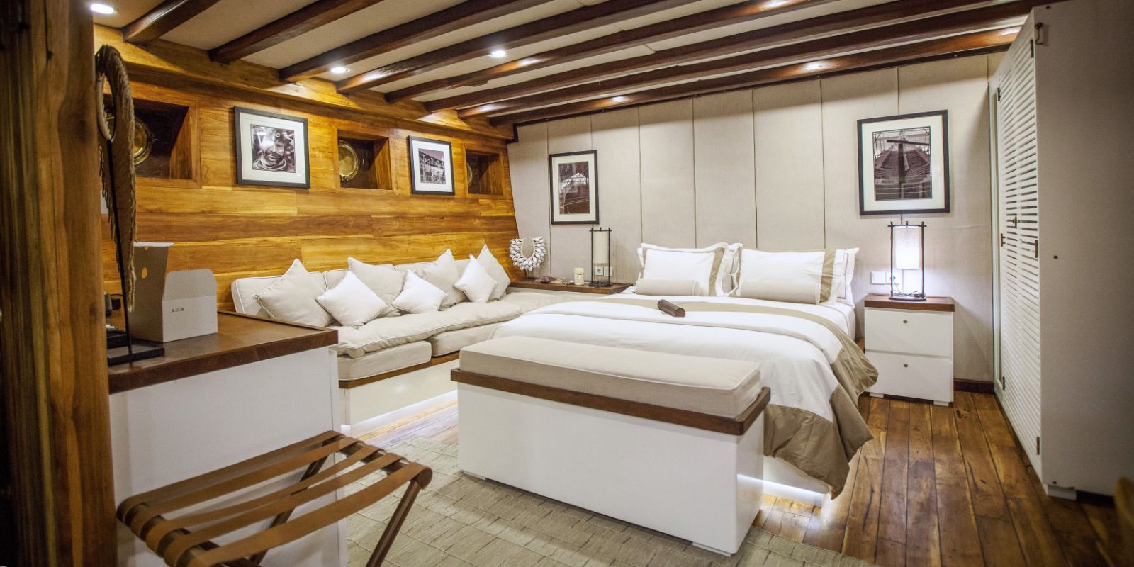 A suite bedroom onboard the Prana phinisi in Indonesia