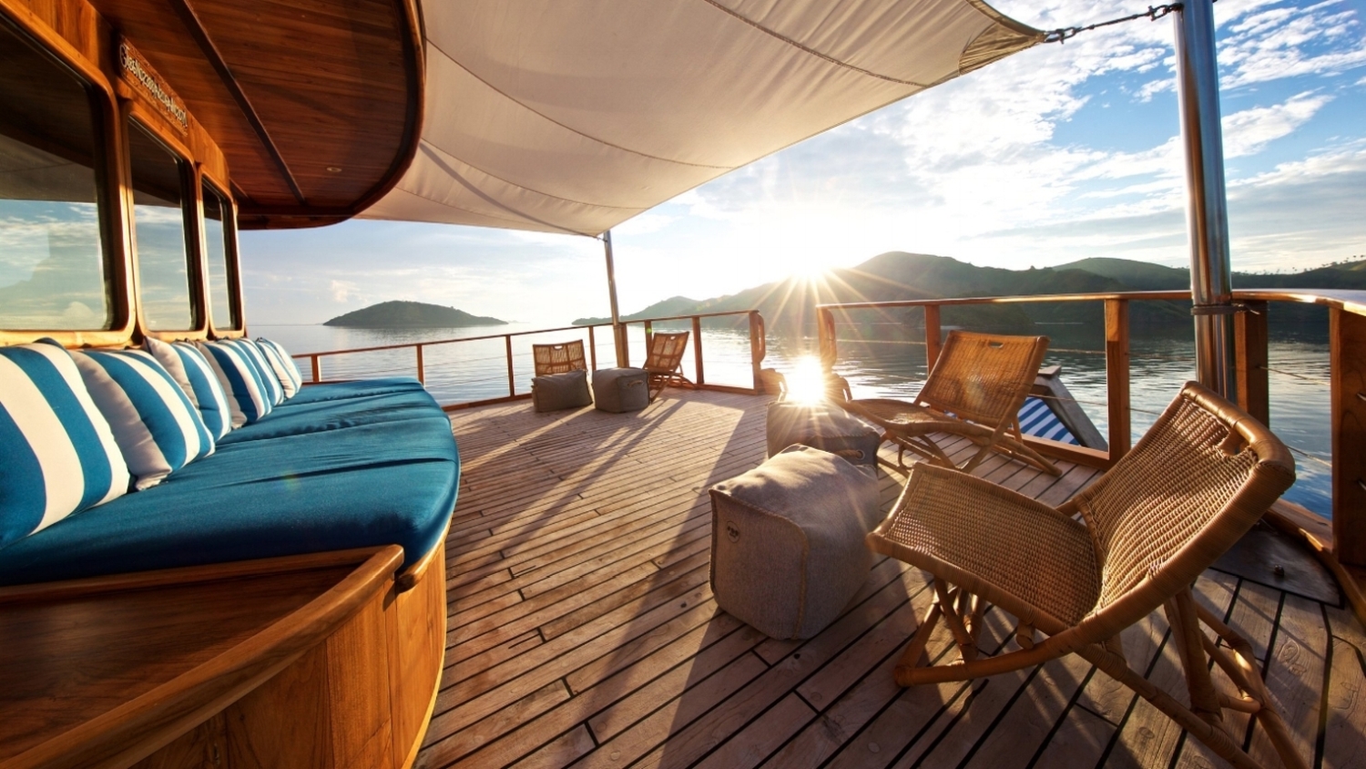Sunset over deck on Rascal in Indonesia