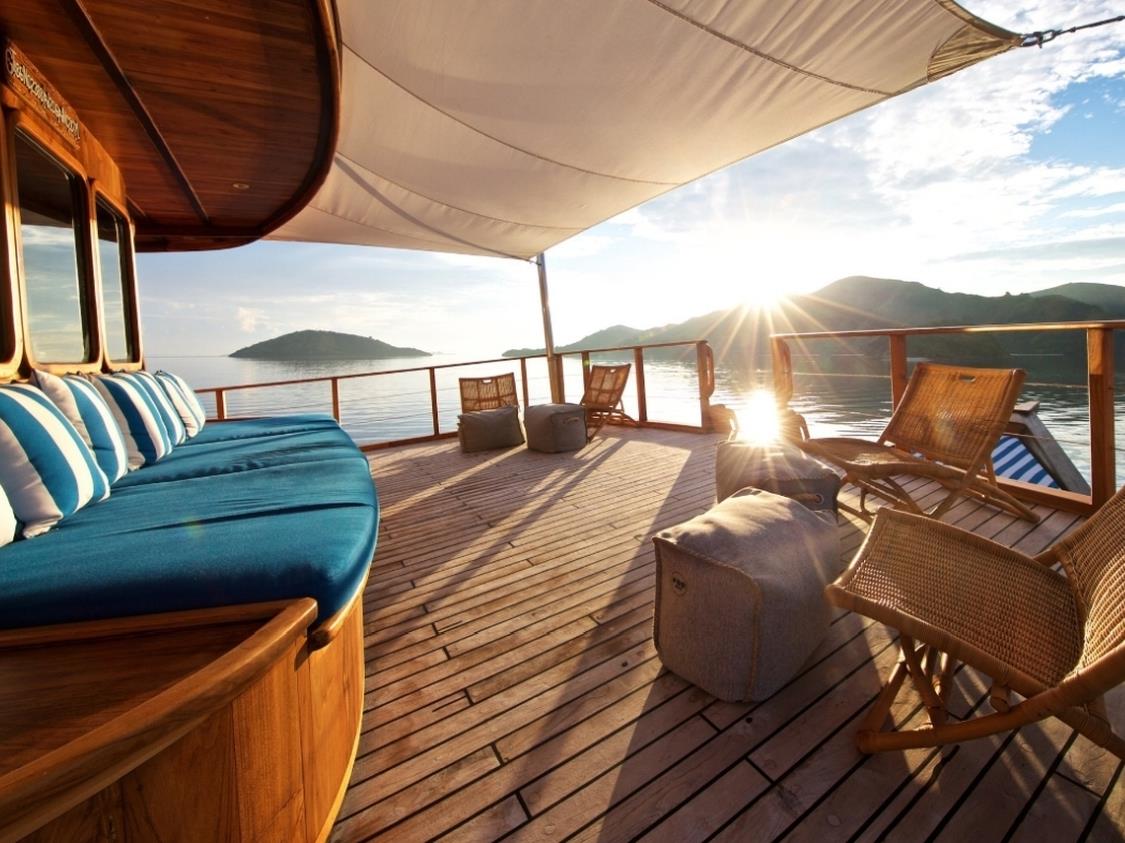 Sunset over deck on Rascal in Indonesia