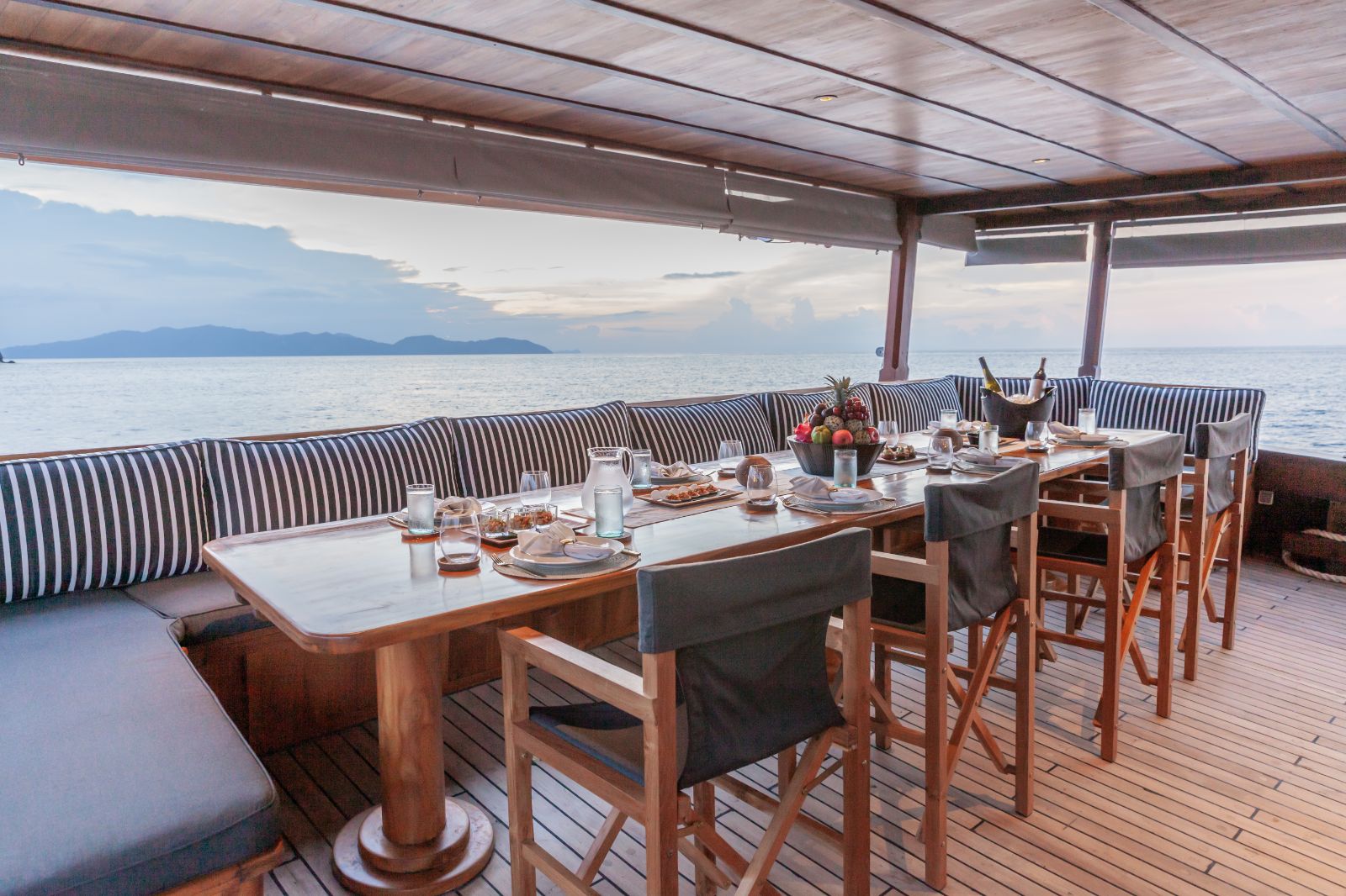 Alfresco dining area on the Rebel phinisi in Indonesia