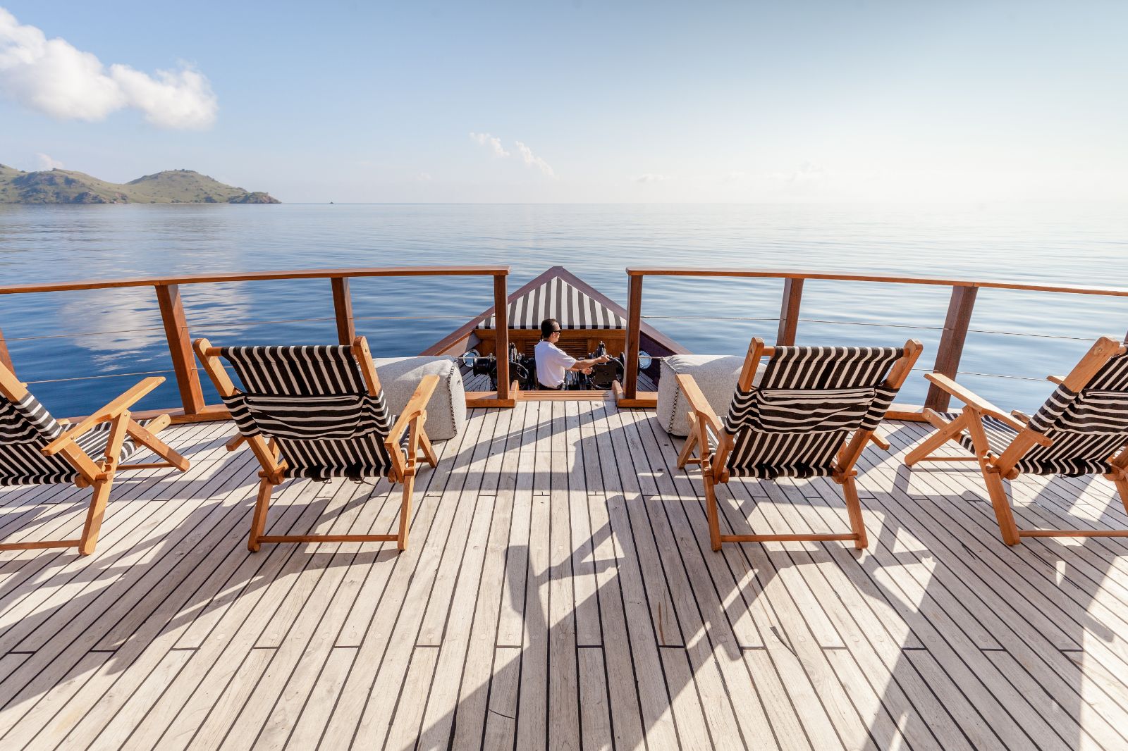 Bow lounge deck chairs on the Rebel phinisi in Indonesia