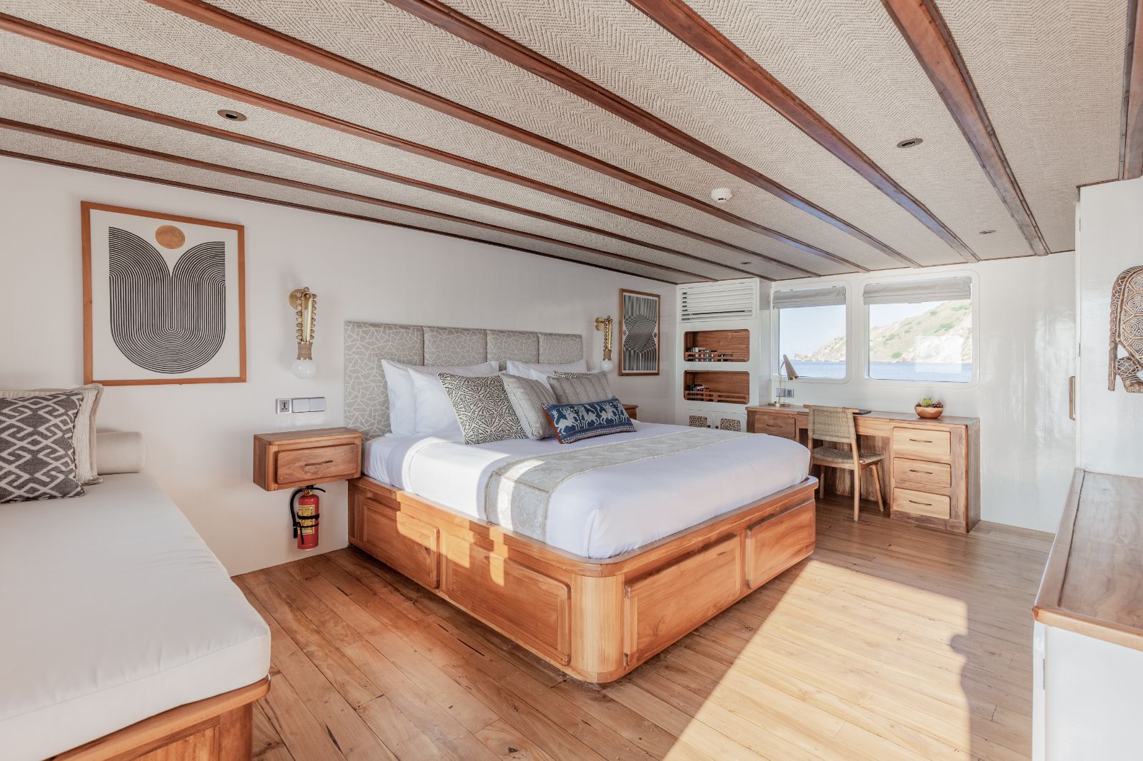 Bedroom of cabin four on the Rebel phinisi in Indonesia
