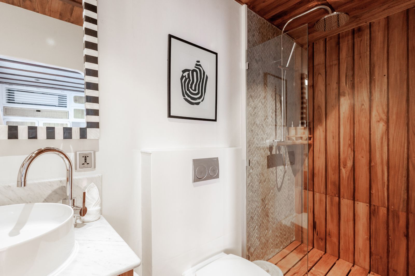 Cabin one ensuite on the Rebel phinisi in Indonesia