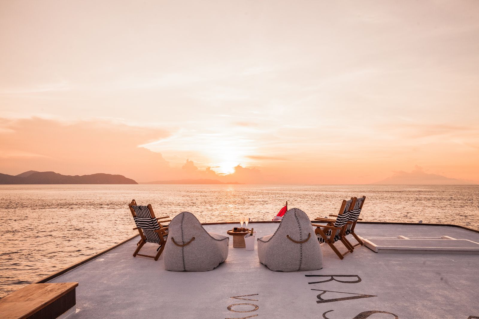 Roofdeck at sunset on the Rebel phinisi in Indonesia