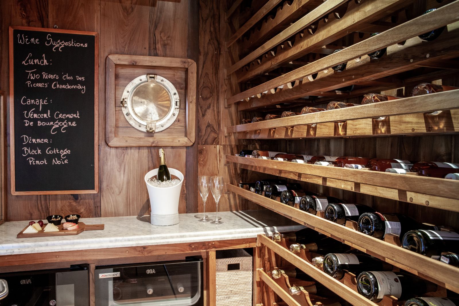 Wine room on the Rebel phinisi in Indonesia