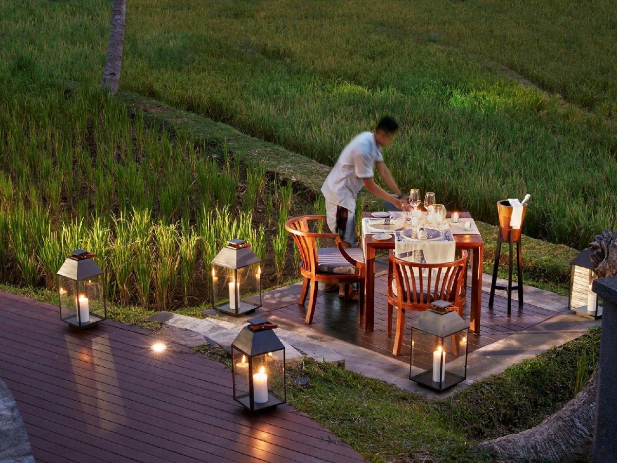 Private dining in the rice fields at the Ritz Carlton Mandapa Indonesia