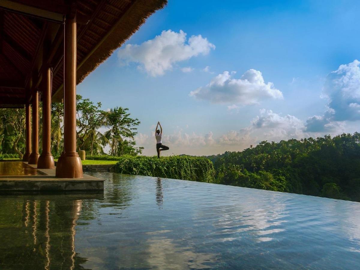 Yoga by the pool at the Ritz Carlton Mandapa Indonesia