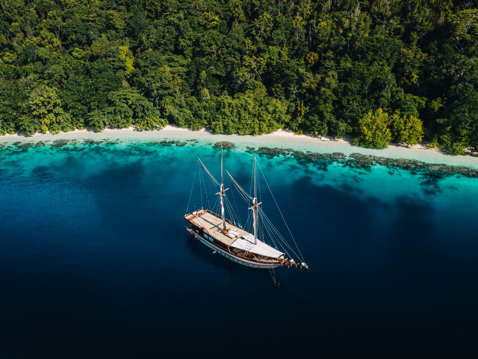 Aerial view of the Senja phinisi in Indonesia