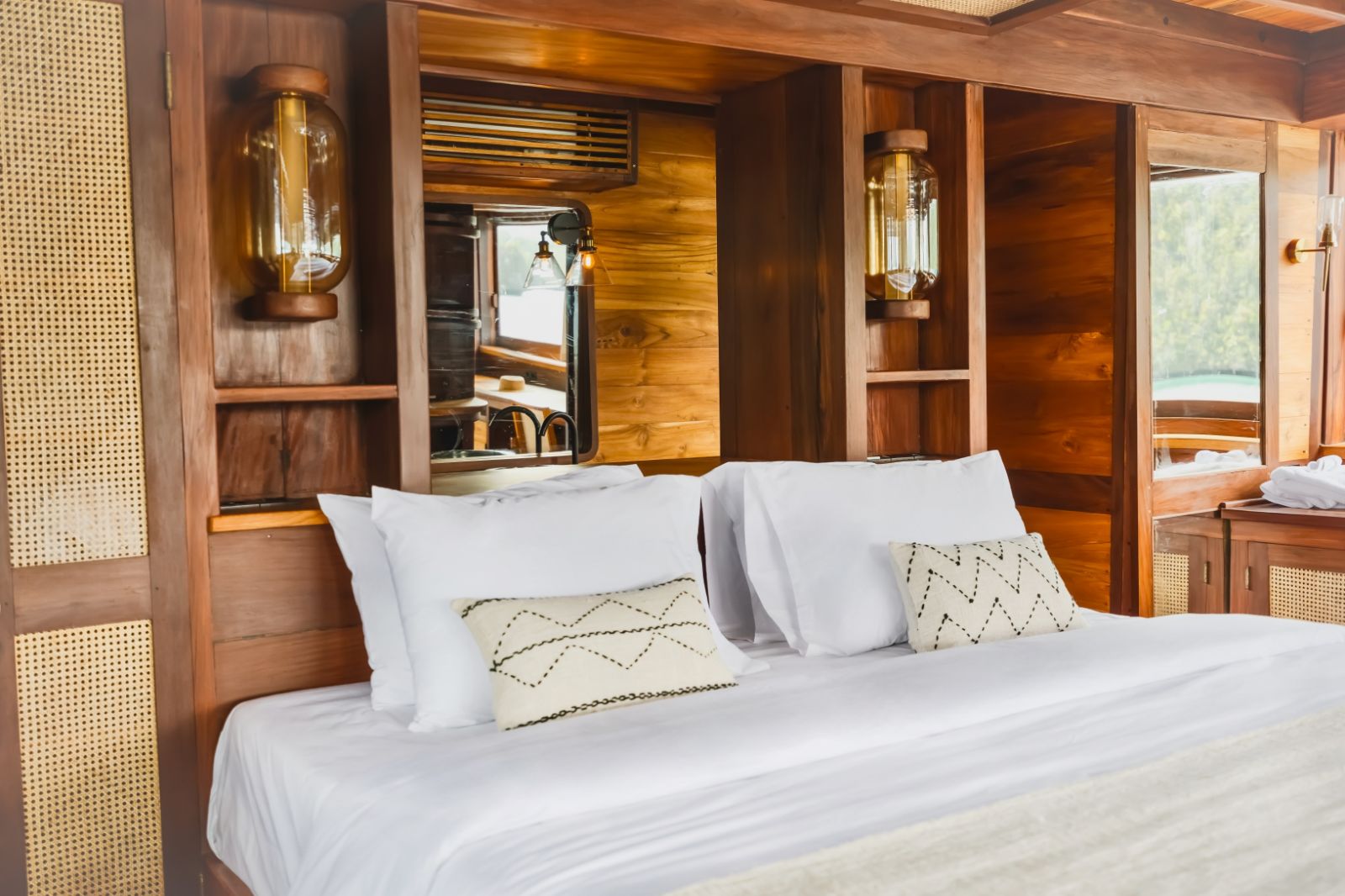 Guest bed onboard the Senja phinisi in Indonesia