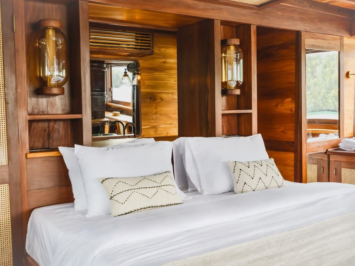 Guest bed onboard the Senja phinisi in Indonesia