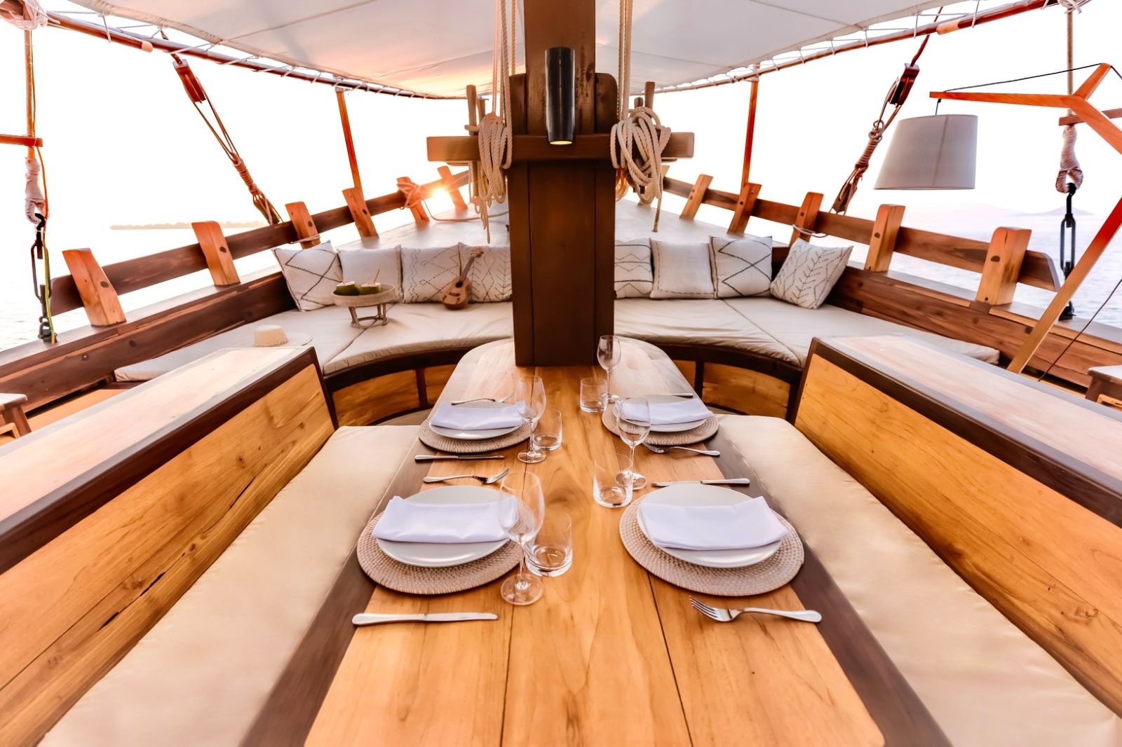 Laid dining table onboard the Senja phinisi in Indonesia