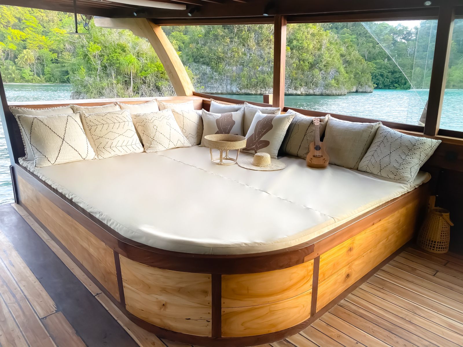 Lounge sofa onboard the Senja phinisi in Indonesia