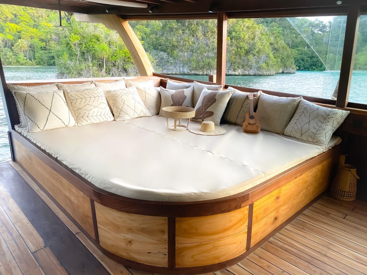 Lounge sofa onboard the Senja phinisi in Indonesia