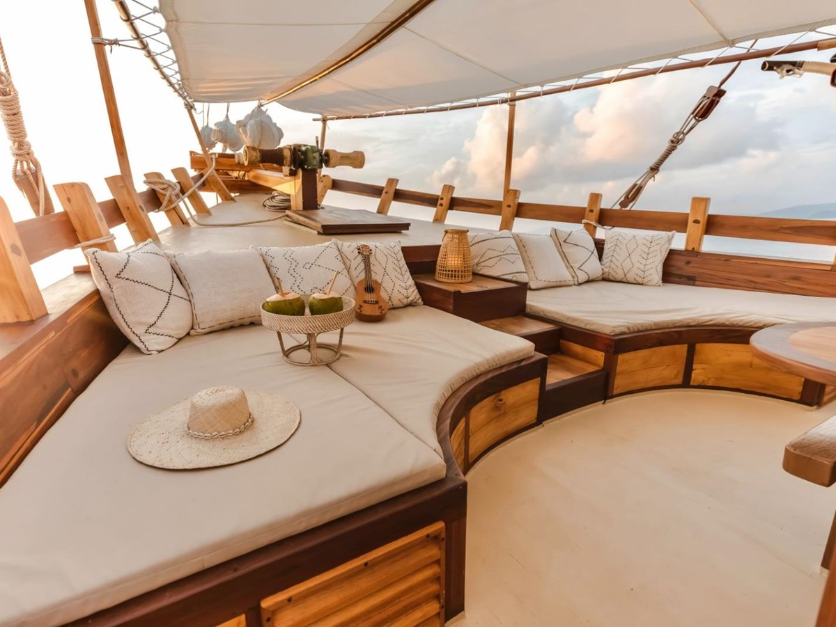 Upper lounge onboard the Senja phinisi in Indonesia
