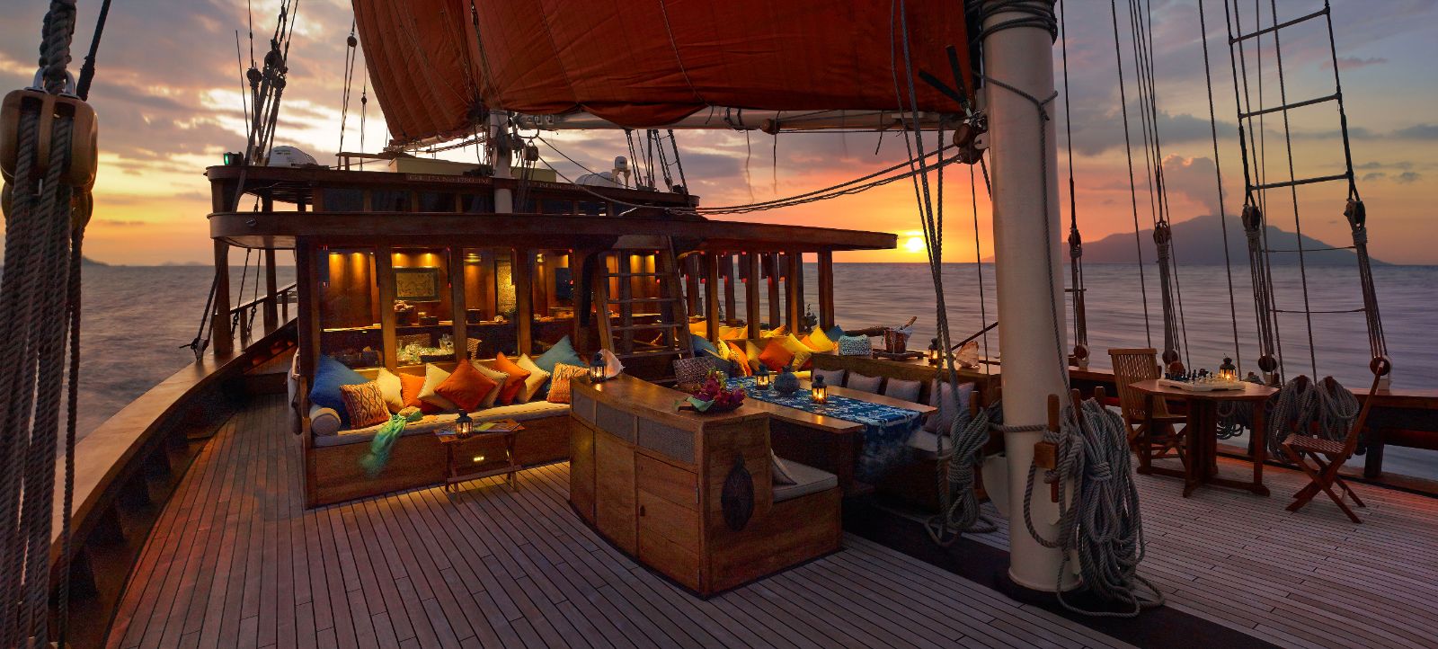 Deck at sunset onboard the Si Datu Bua phinisi in Indonesia
