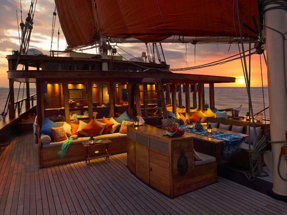 Deck at sunset onboard the Si Datu Bua phinisi in Indonesia