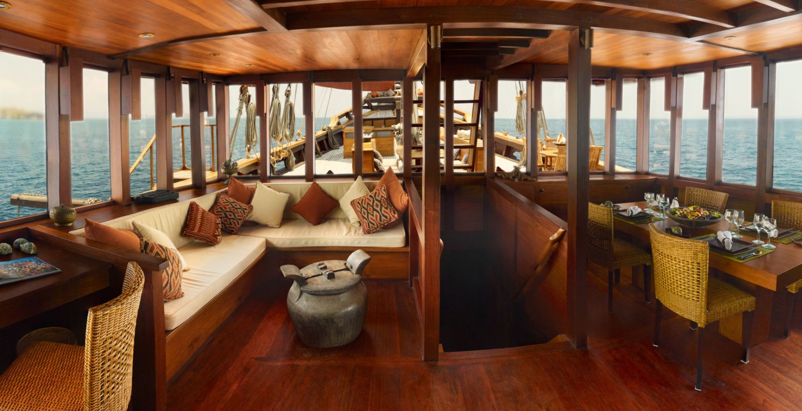 Indoor lounge onboard the Si Datu Bua phinisi in Indonesia