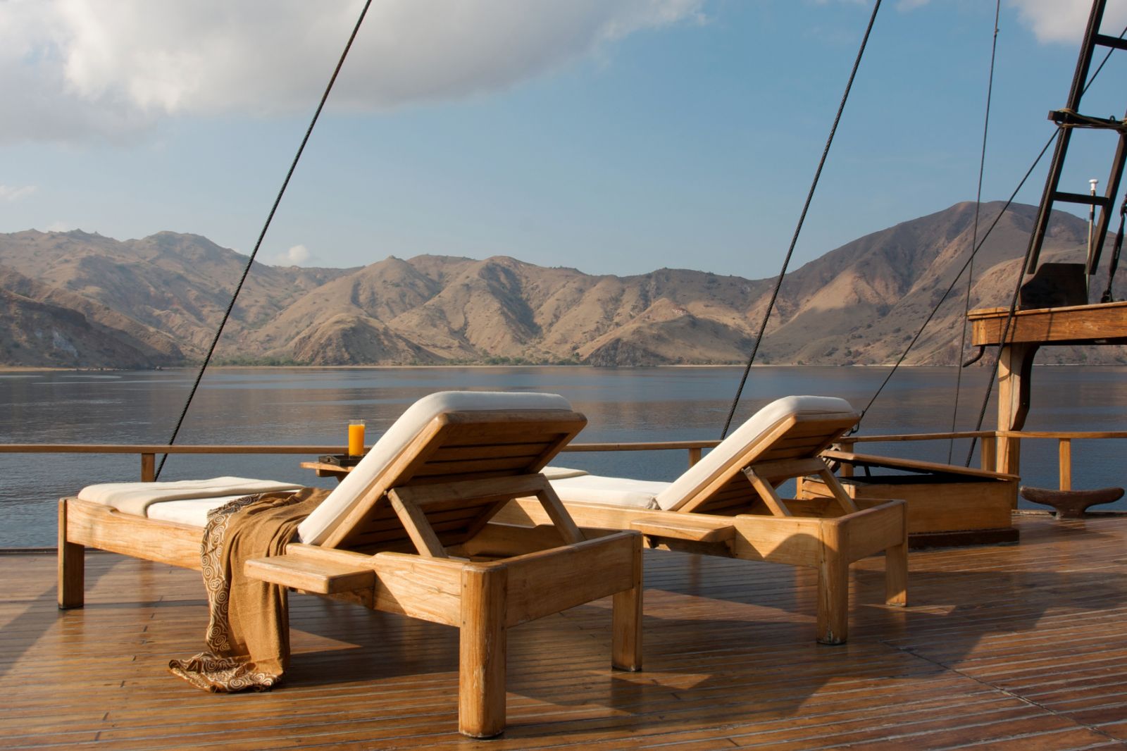 Sunbeds deck onboard the Si Datu Bua phinisi in Indonesia