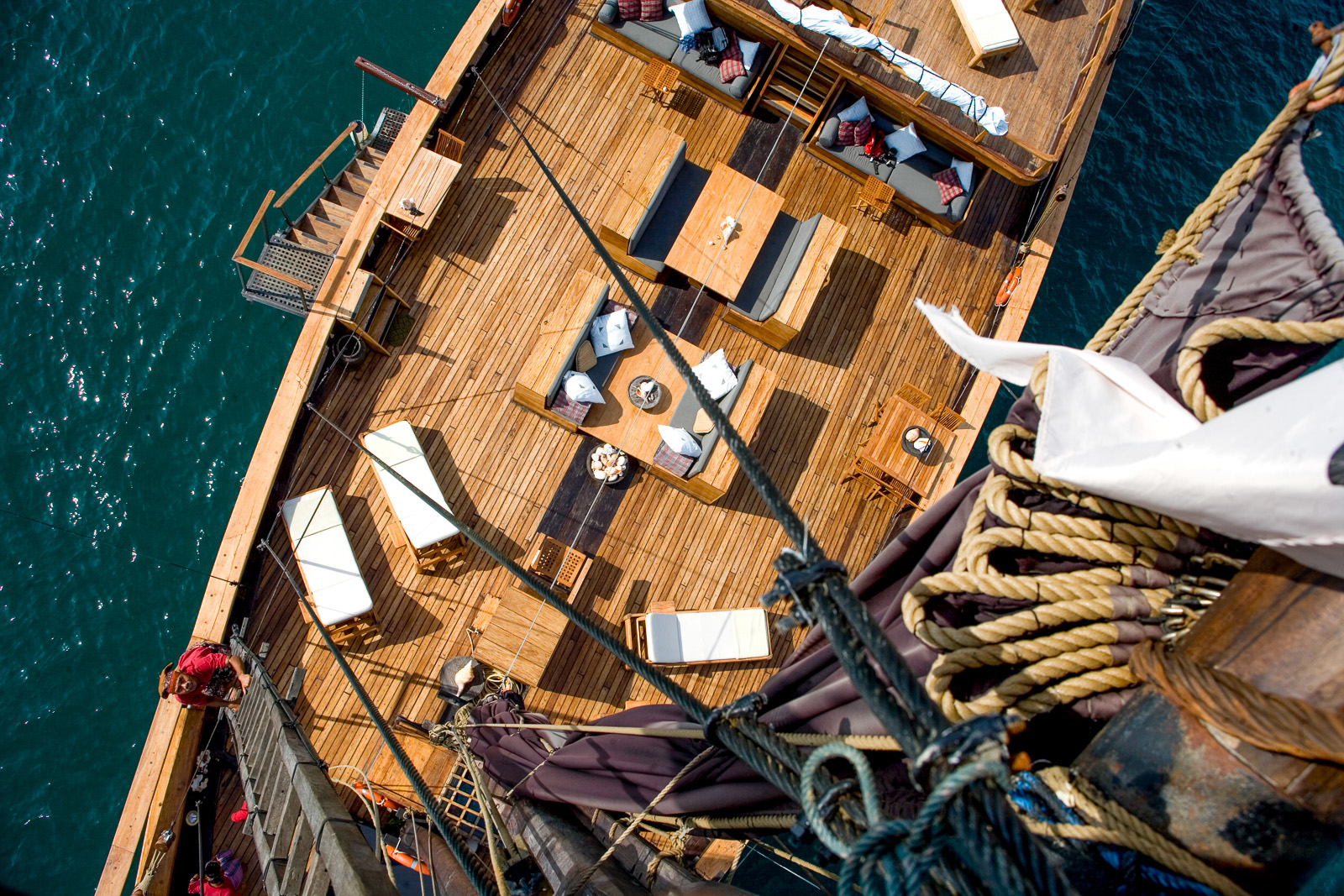 Aerial view of the deck onboard Silolona phinisi in Indonesia