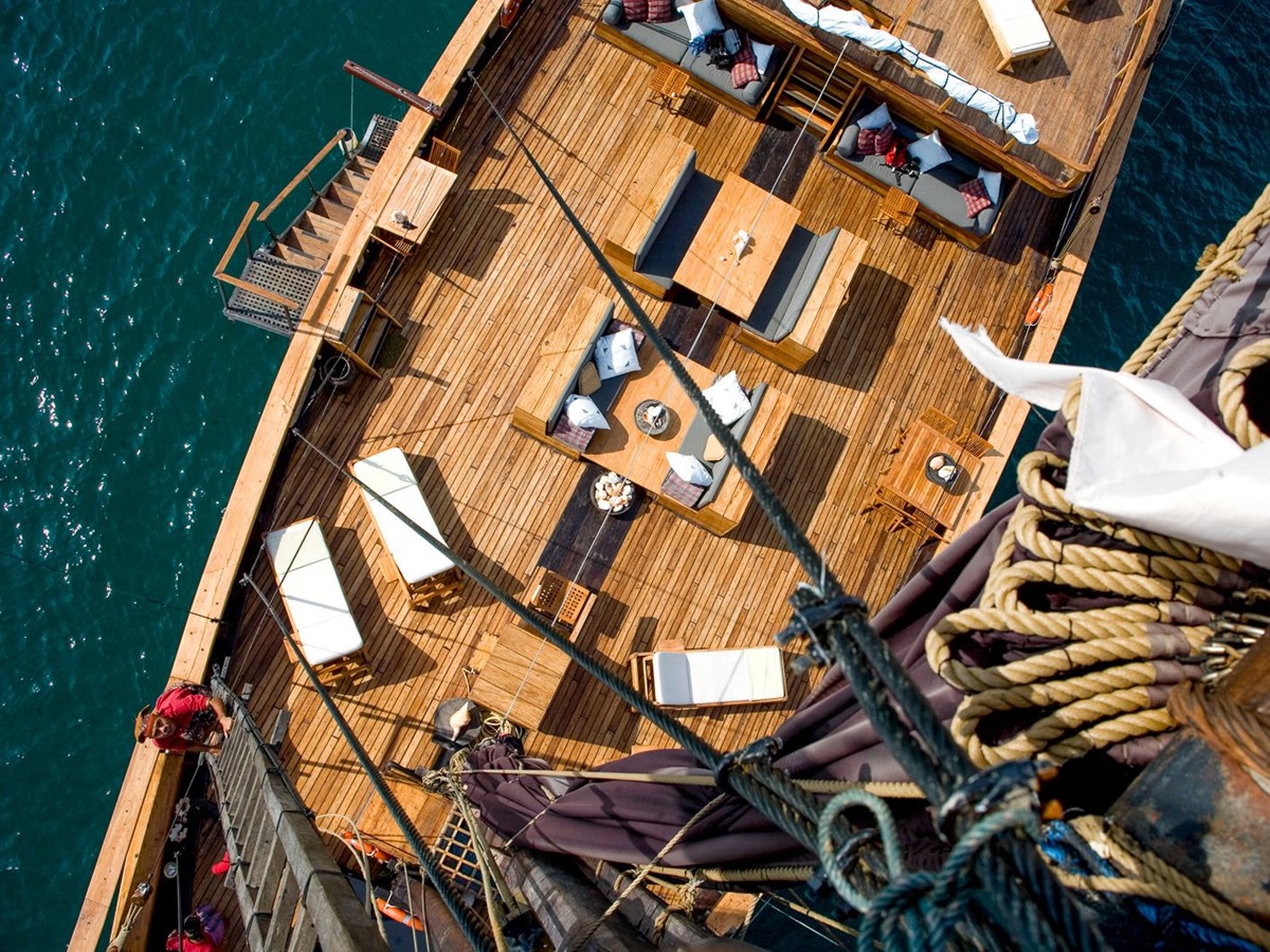 Aerial view of the deck onboard Silolona phinisi in Indonesia