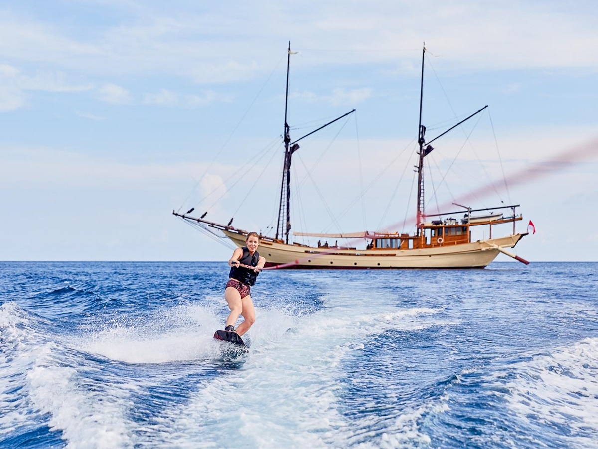 Waterskiing from the Silolona phinisi in Indonesia
