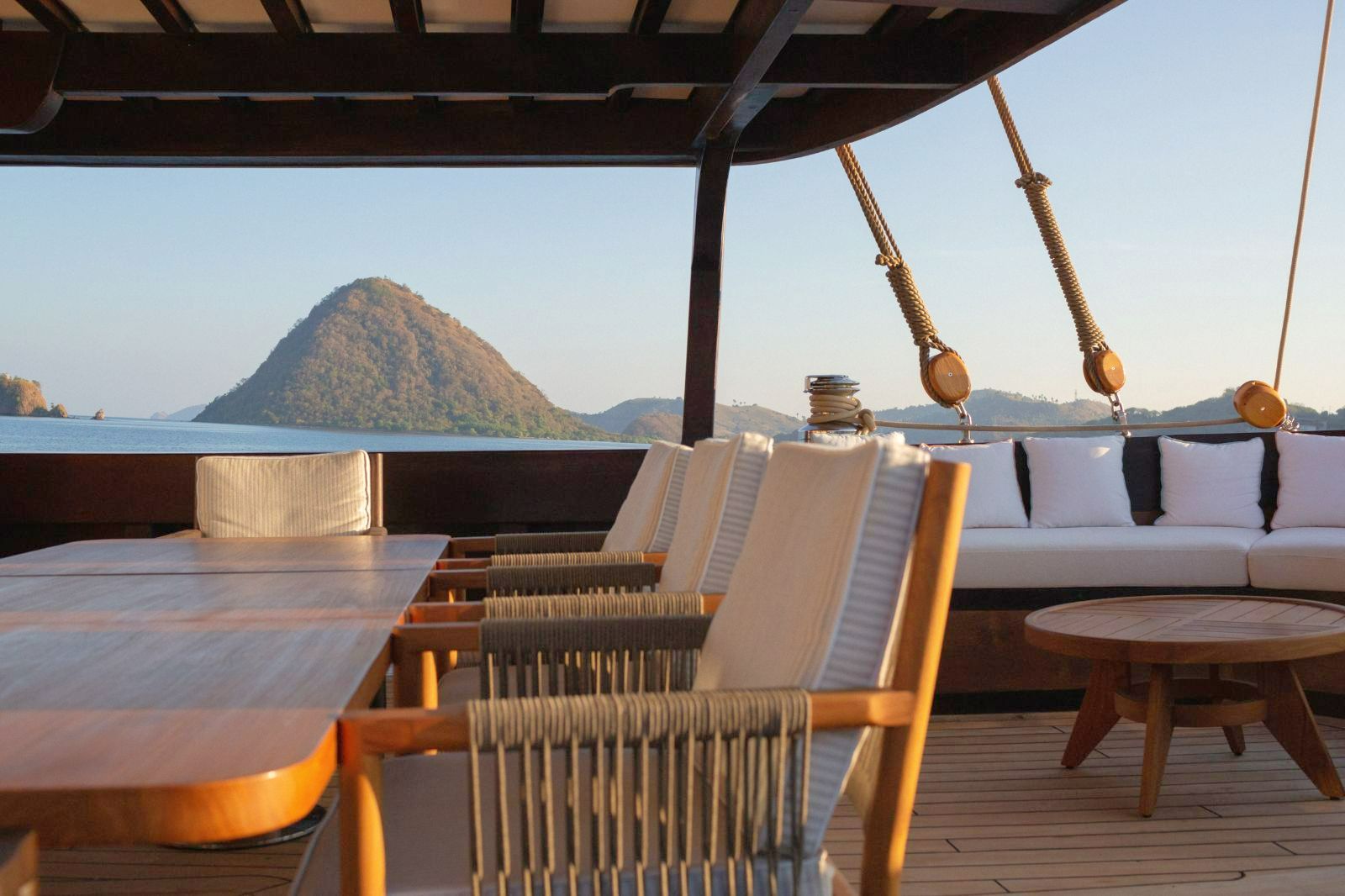 seating area deck onboard the Vela Phinisi in Indonesia