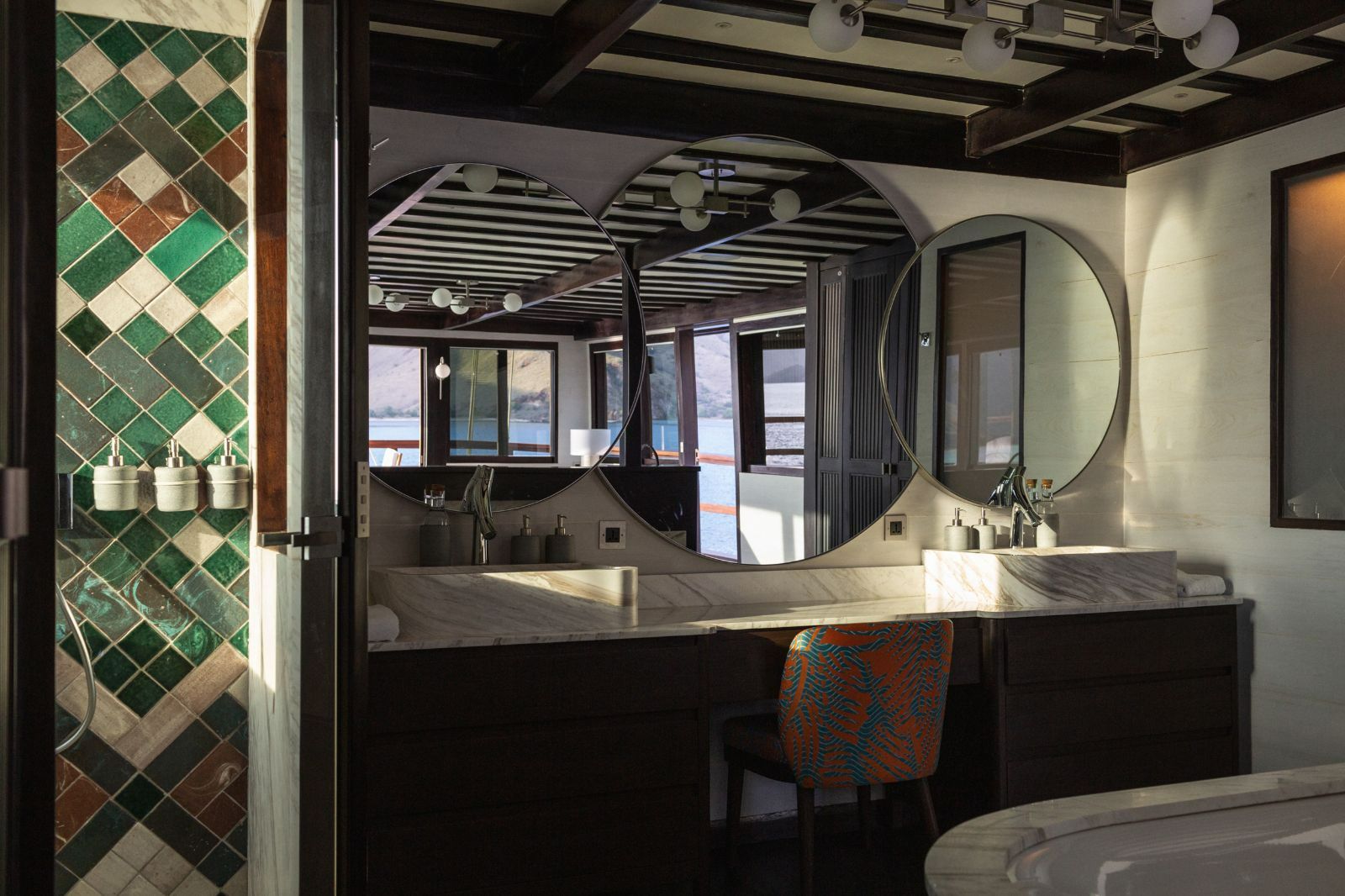 Dressing table in guest suite onboard the Vela Phinisi in Indonesia