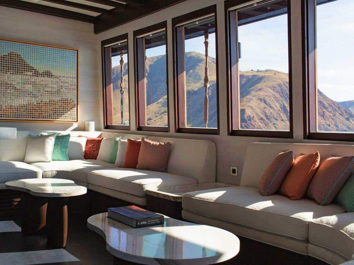 Inside lounge area onboard the Vela Phinisi in Indonesia