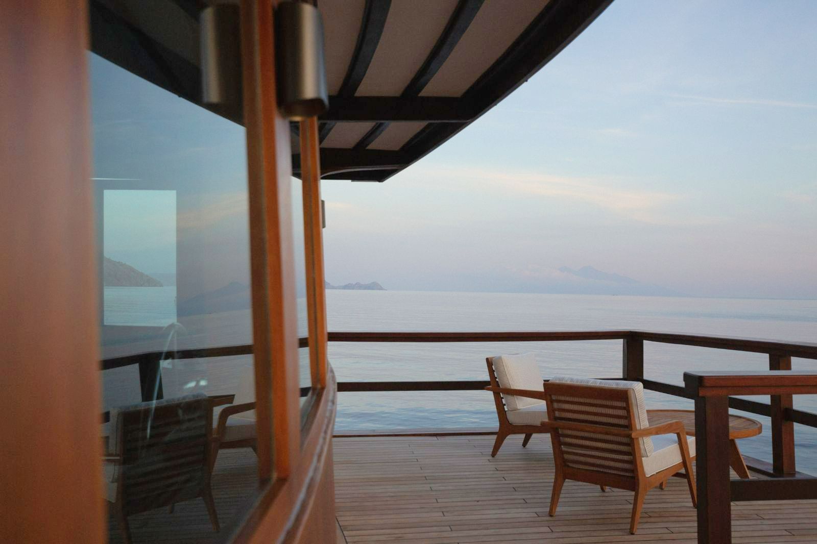 Seating area on deck onboard the Vela Phinisi in Indonesia