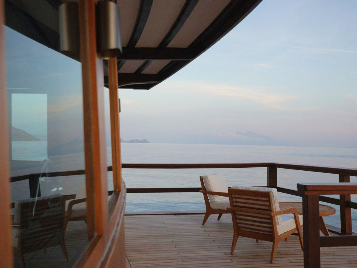 Seating area on deck onboard the Vela Phinisi in Indonesia