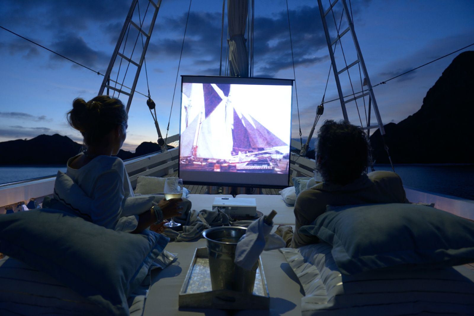 Outdoor movie on Alexa phinisi in Indonesia's Komodo Islands