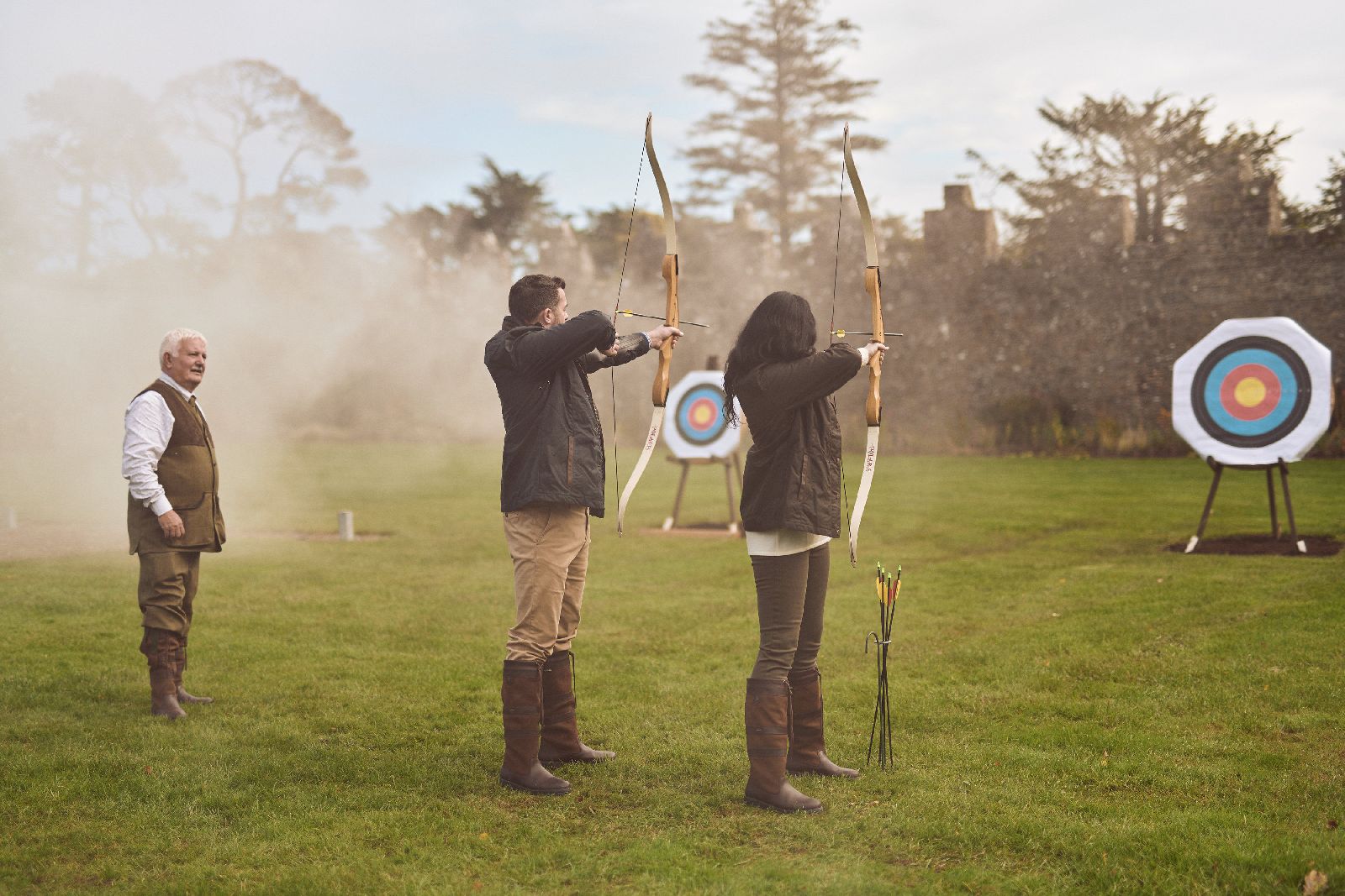 Guests practicing archery at Adare Manor near Limerick in Ireland