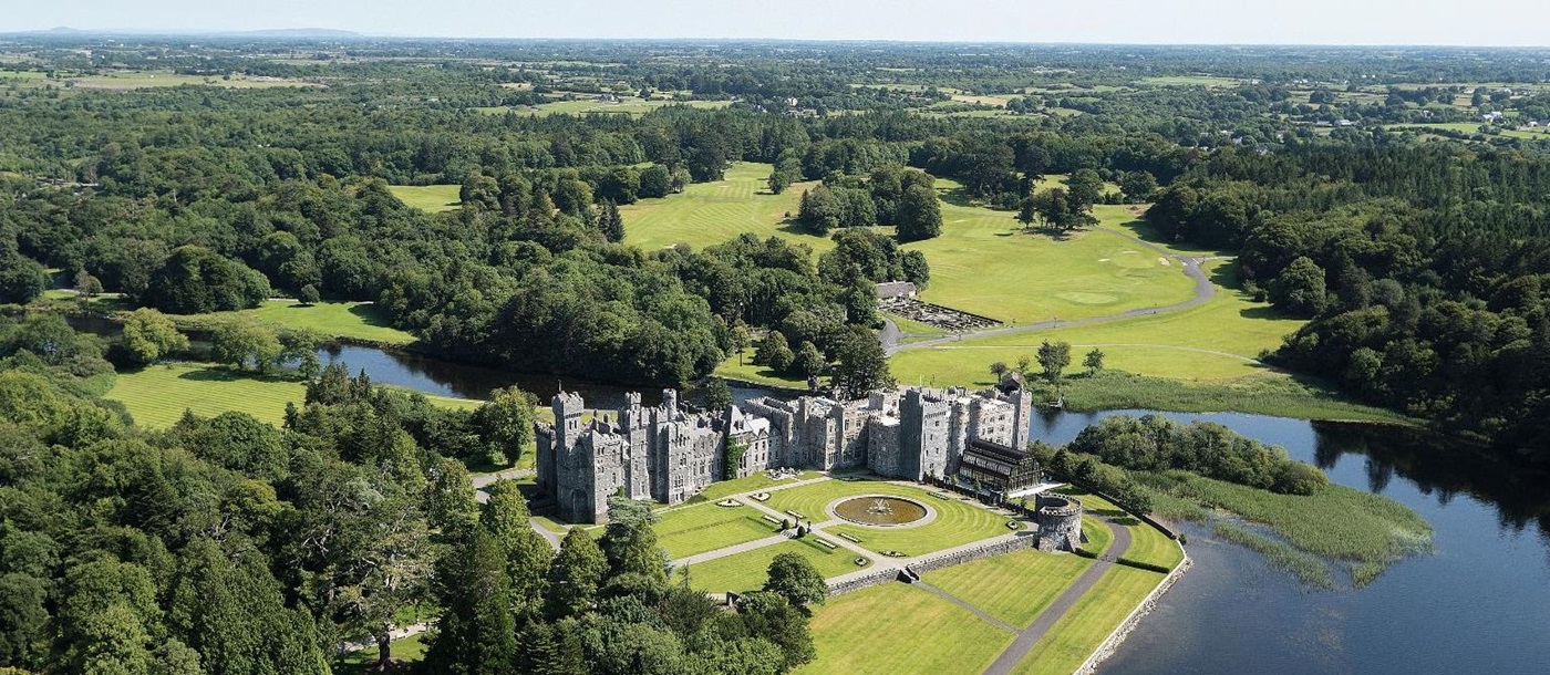Aerial view of Ashford Castle and estate in County Mayo Ireland