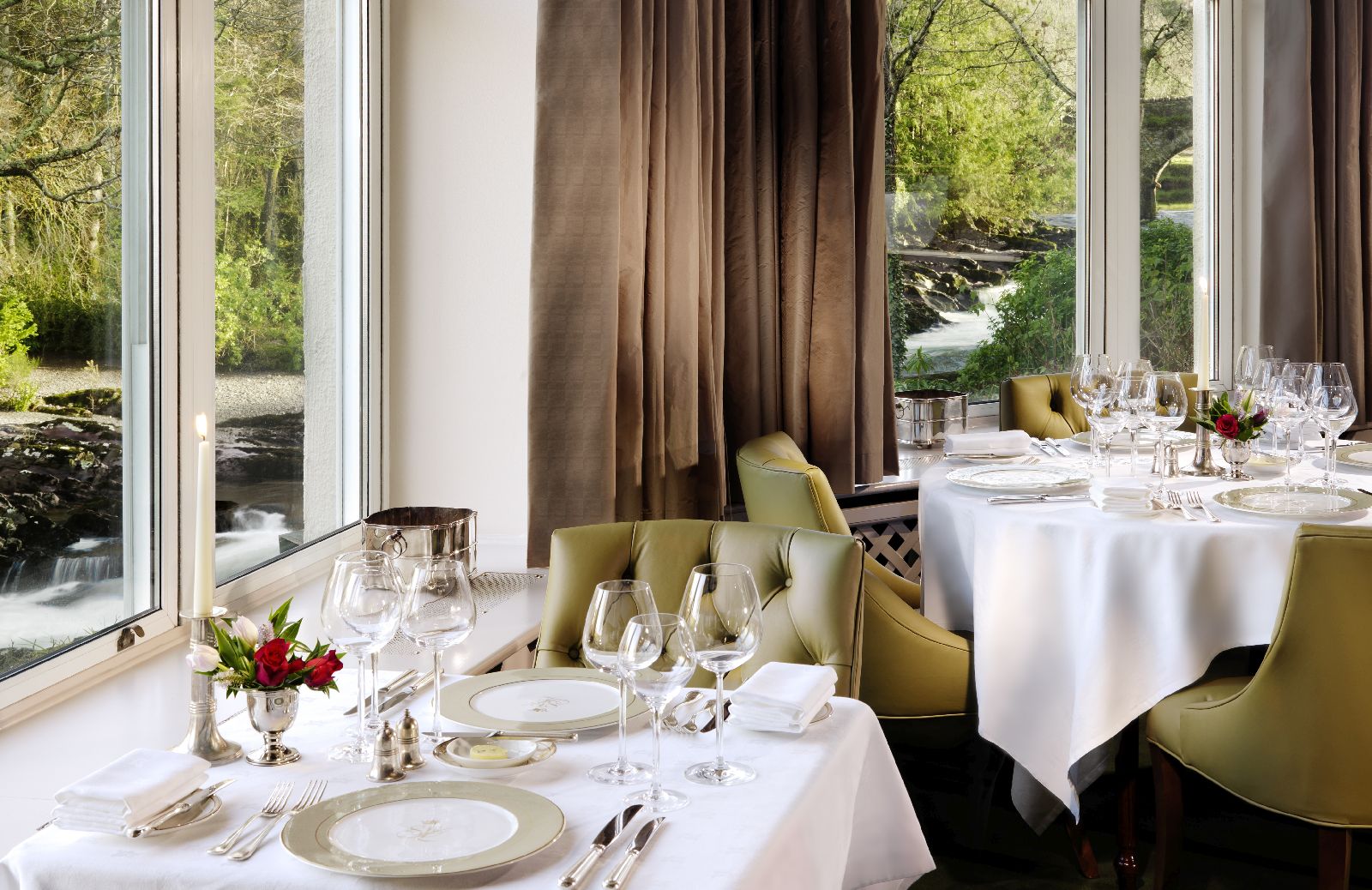 River view table at The Falls restaurant at Sheen Falls Lodge in Ireland