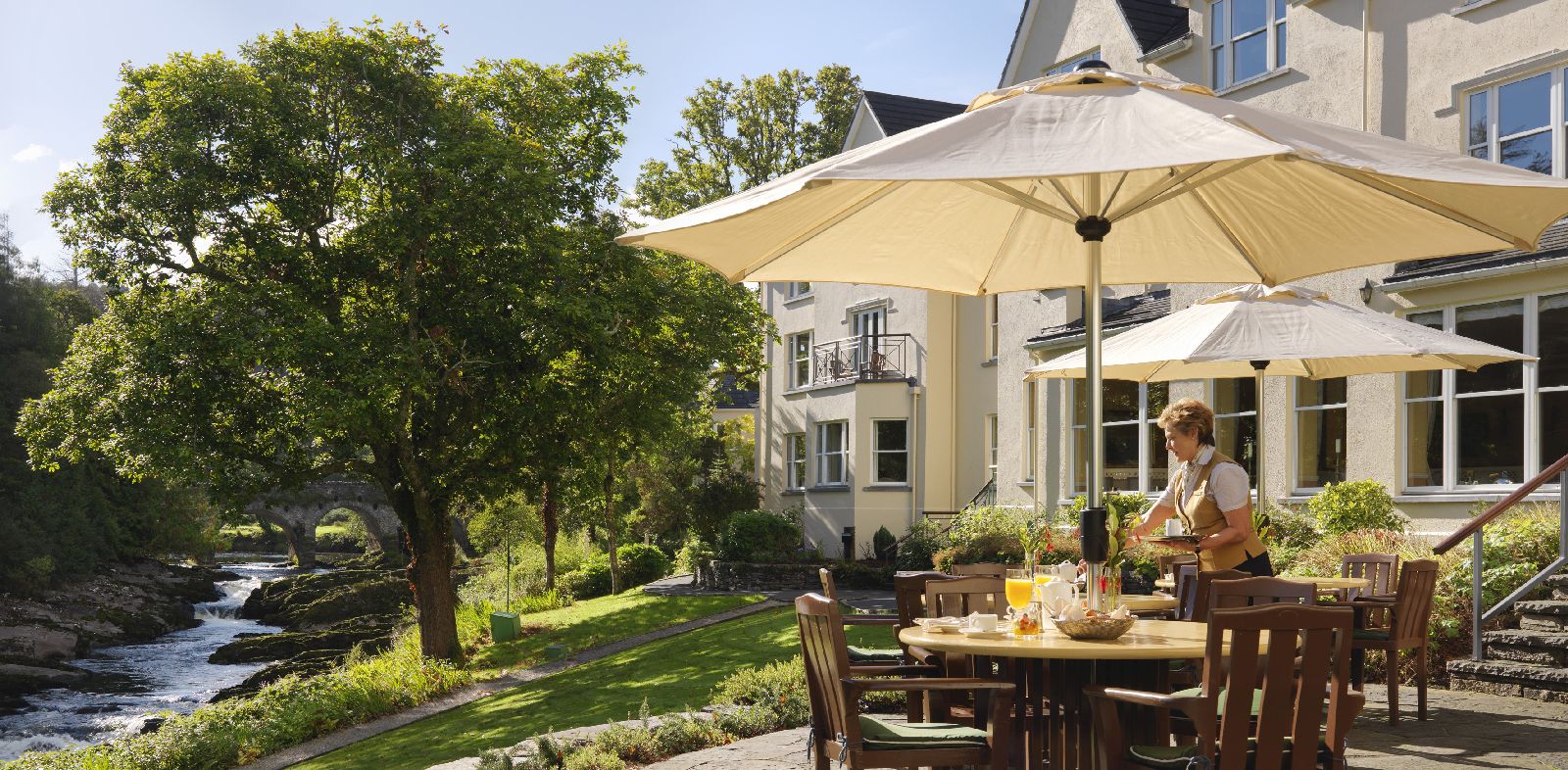 Riverside terrace at Sheen Falls Lodge in Kerry Ireland
