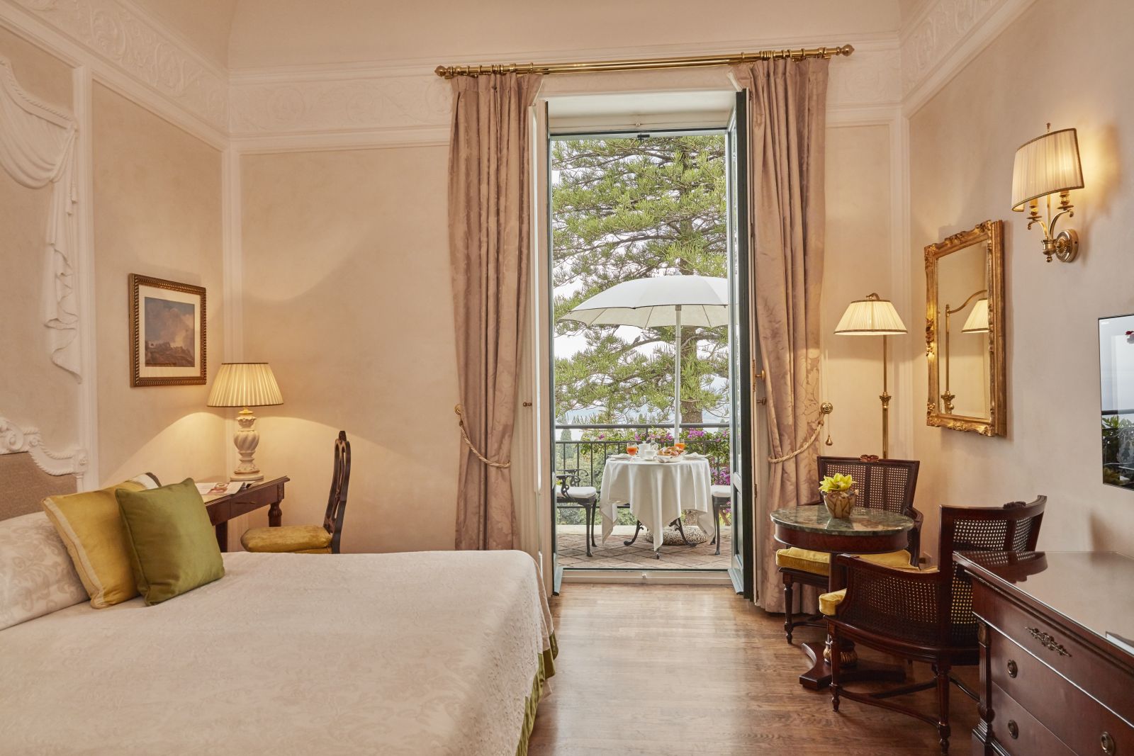 Guest room and balcony at the Belmond Grand Hotel Timeo in Sicily