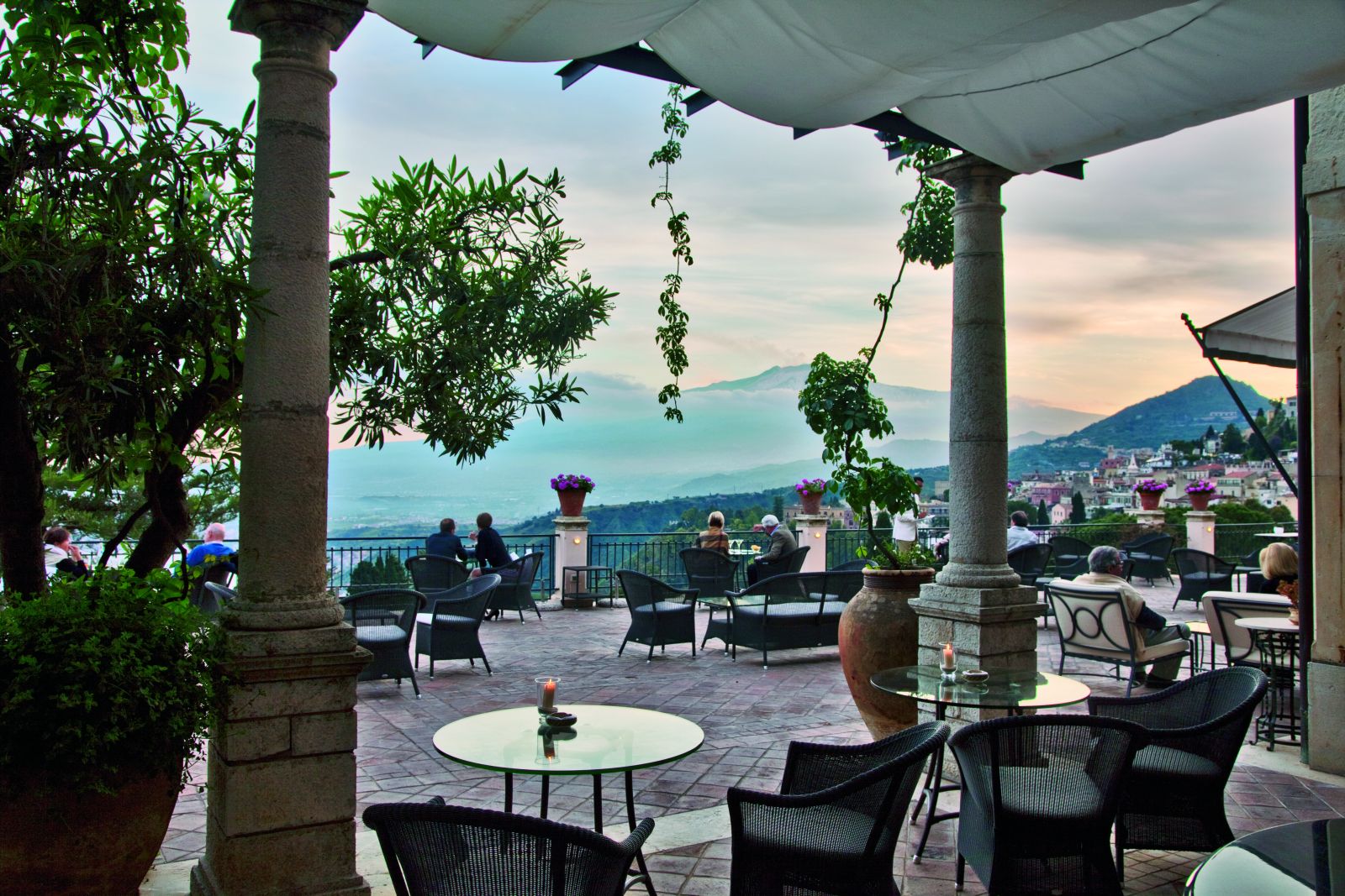 Terrace and Mount Etna views from the Belmond Grand Hotel Timeo in Sicily