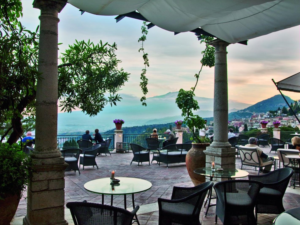 Terrace and Mount Etna views from the Belmond Grand Hotel Timeo in Sicily