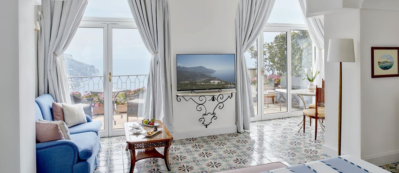 Guest room and terrace view at Belmond Hotel Caruso in Ravello Italy