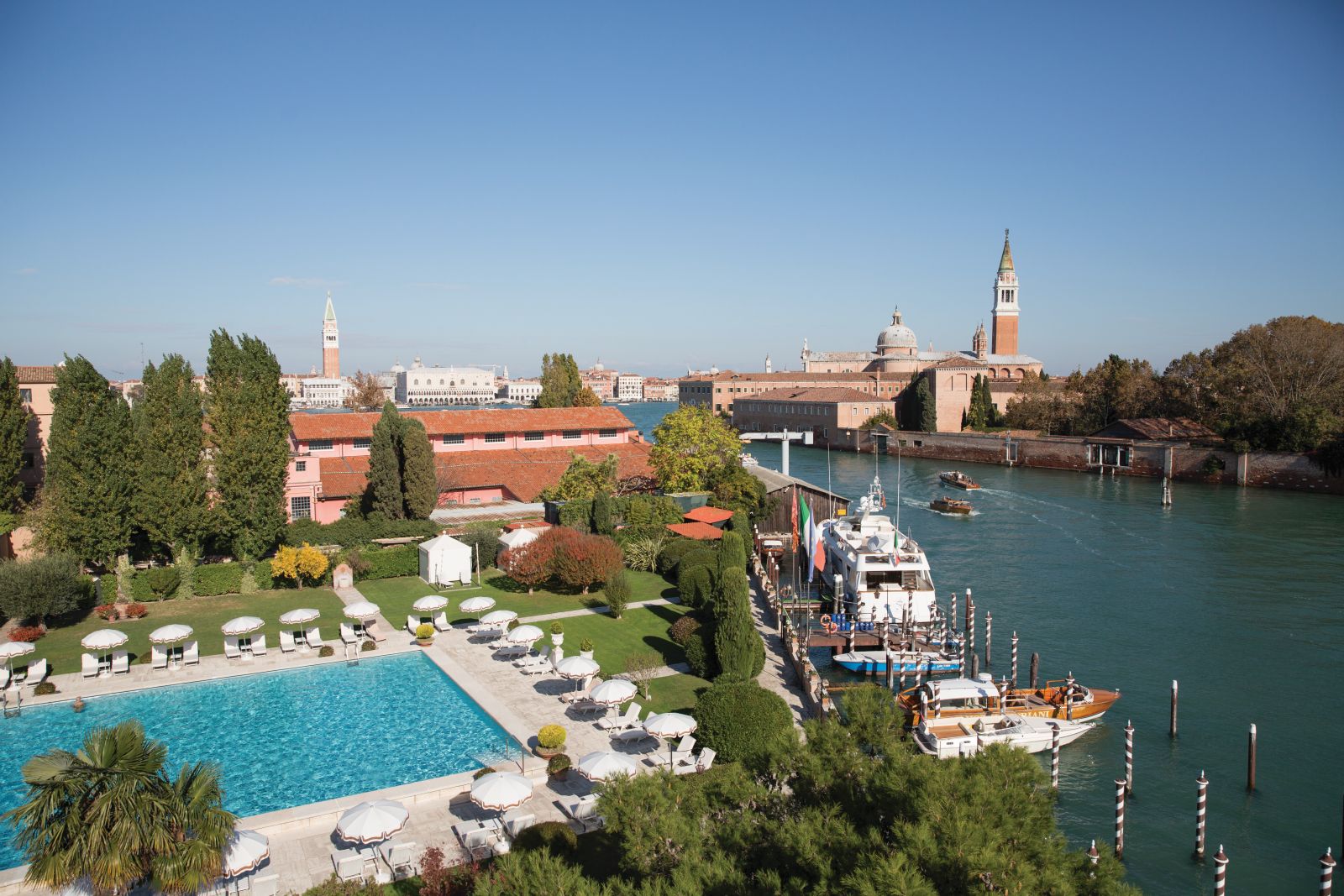 The swimming pool and views of St Mark's Square at Belmond Hotel Cipriani in Venice