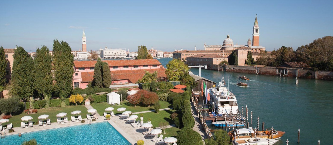 The swimming pool and views of St Mark's Square at Belmond Hotel Cipriani in Venice