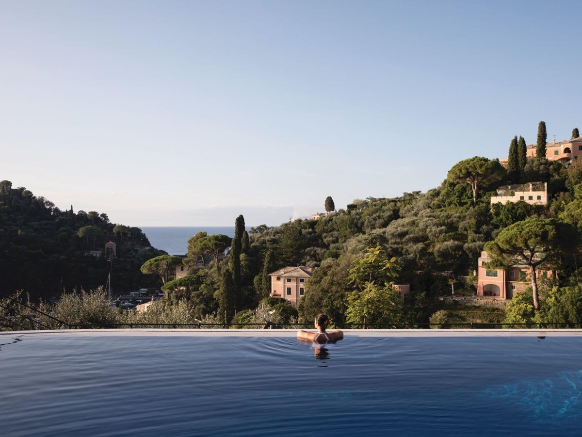 Swimming pool and views from Belmond Hotel Splendido Portofino Italy