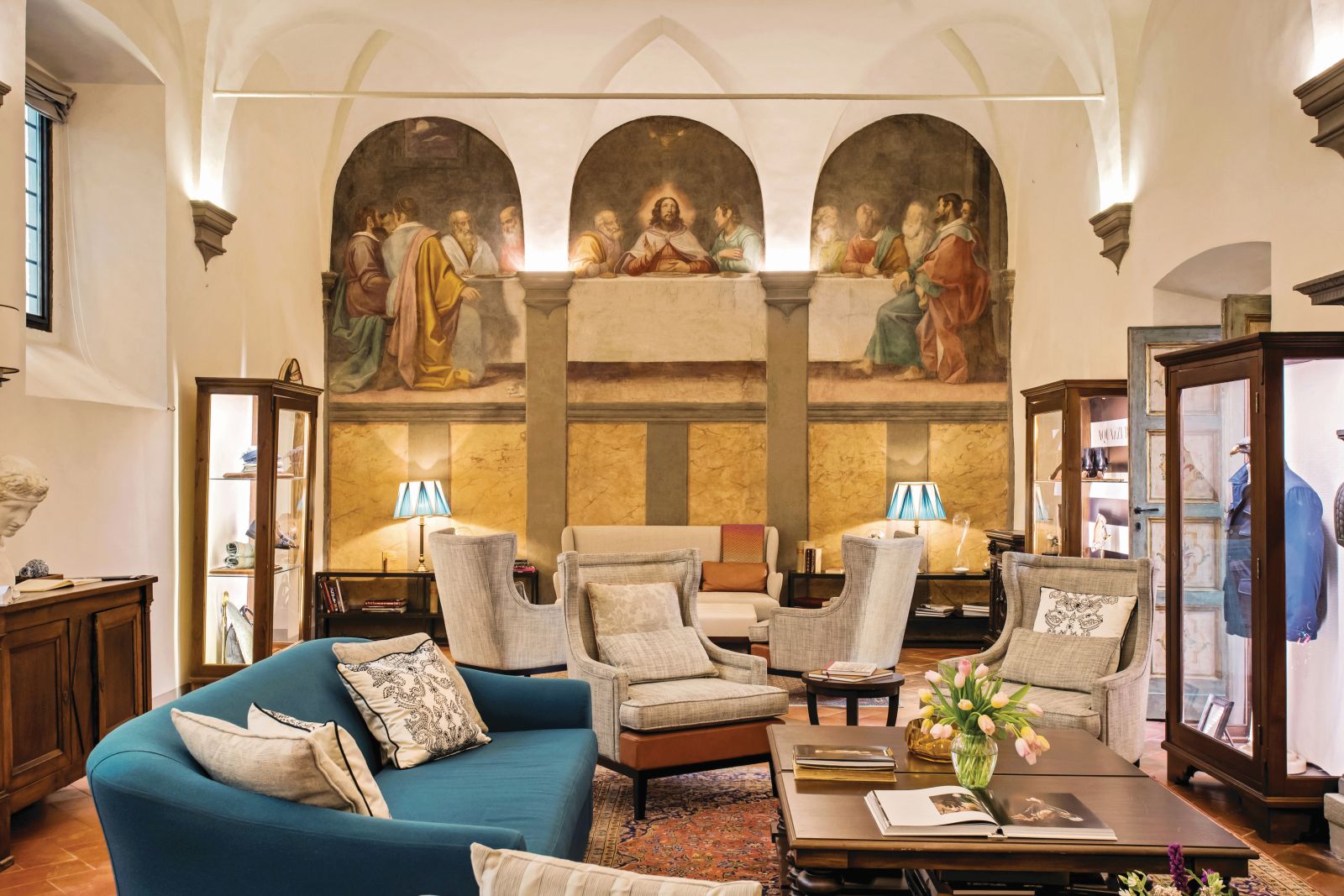 Lounge area and frescoes at Belmond Villa San Michele in Florence
