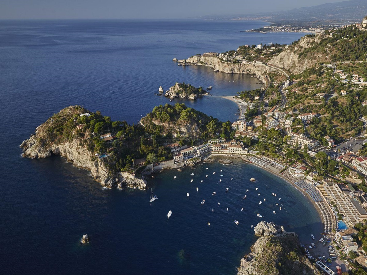 Aerial view of the coastline surrounding Belmond Villa Sant'Andrea in Sicily