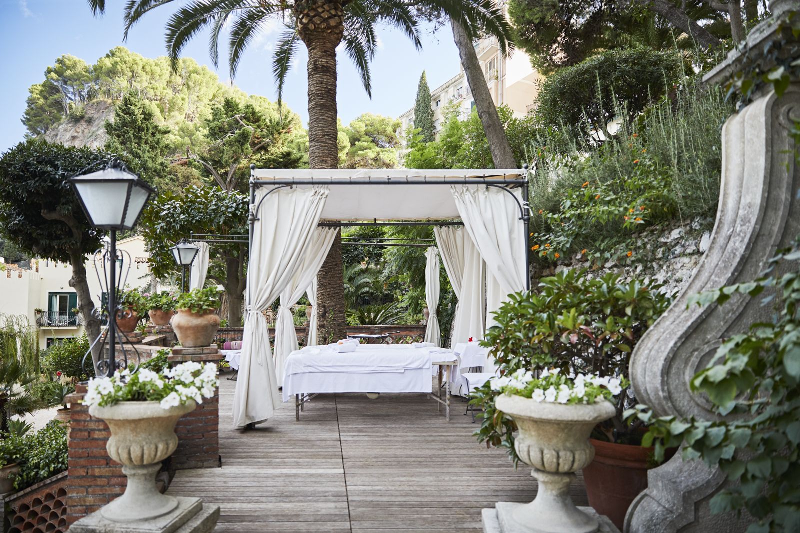 Area set for an outdoor massage at Belmond Villa Sant'Andrea in Sicily