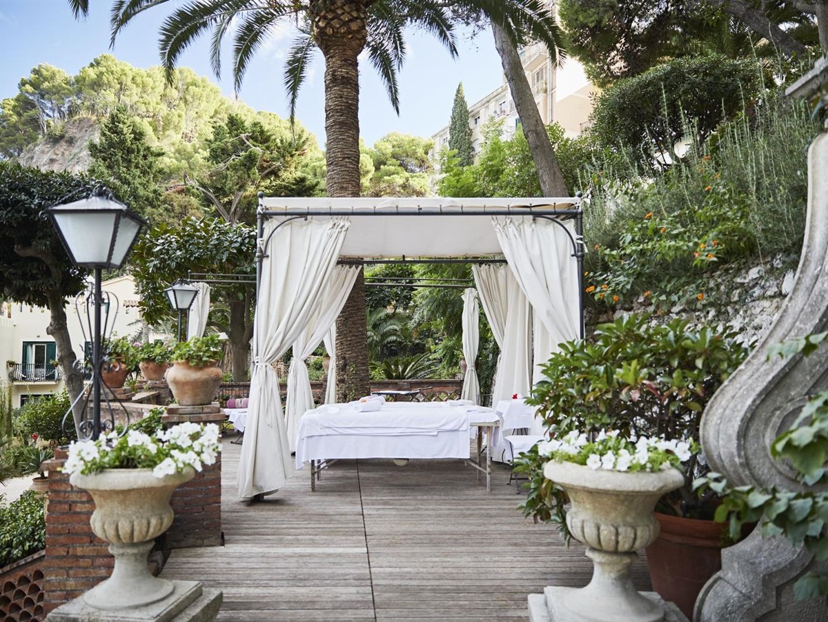Area set for an outdoor massage at Belmond Villa Sant'Andrea in Sicily