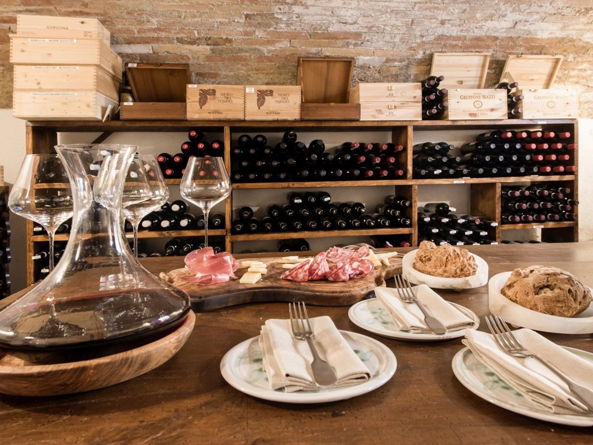 Tastings in the wine cellar at Borgo Pignano in Tuscany